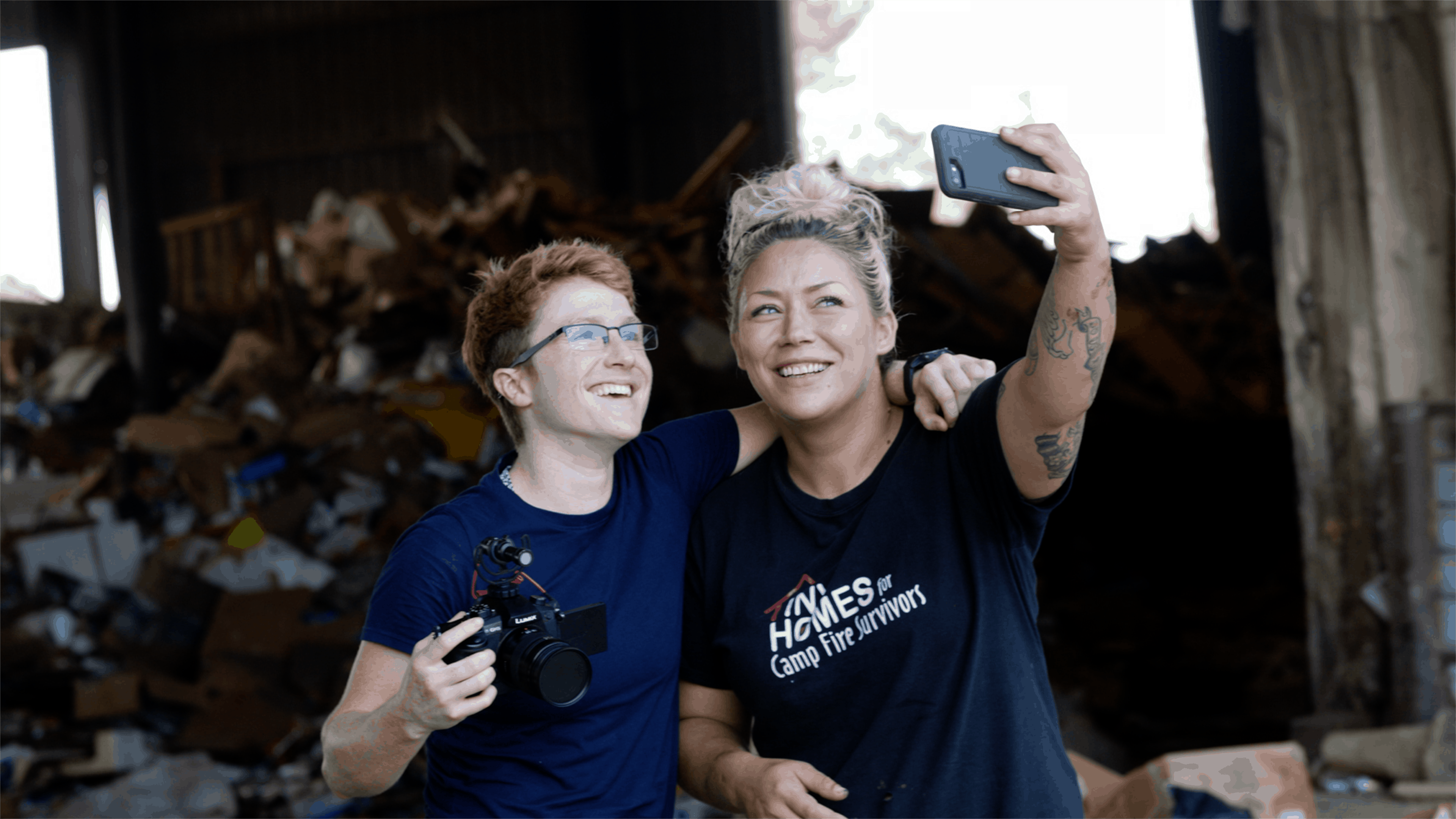 Filmmaker Amanda Lipp with Alyssa Nolan-Cain, a local Butte County resident and single mother of three who learned how to build tiny homes for California fire survivors by watching over 2,000 hours of YouTube videos